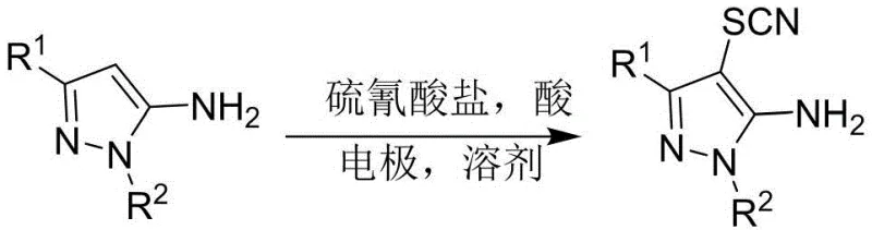 General reaction scheme showing electrochemical thiocyanation of 5-aminopyrazole to 4-thiocyanato derivative