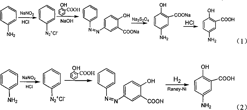 Traditional aniline synthesis route for 5-ASA showing diazonium salt formation and reduction steps