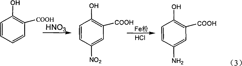Salicylic acid synthesis route involving nitration and iron powder reduction