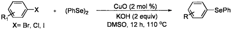 Prior art reaction showing copper oxide catalyzed coupling requiring pre-prepared diaryl diselenide