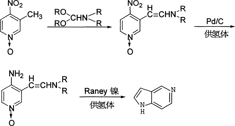 Reaction scheme for 5-azaindole synthesis via nitro reduction and cyclization