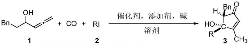 General reaction scheme for the synthesis of 5-benzyl-4-hydroxy-2-cyclopenten-1-ketone compounds via Pd-catalyzed carbonylation