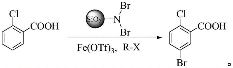 Reaction scheme showing the conversion of 2-chlorobenzoic acid to 5-bromo-2-chlorobenzoic acid using dibromo-amino silica gel and Fe(OTf)3 catalyst