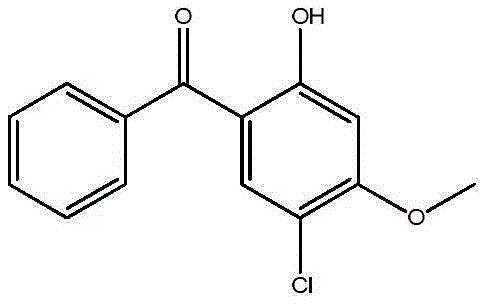 Chemical structure of 5-chloro-2-hydroxy-4-methoxybenzophenone showing the chloro and methoxy substituents on the benzophenone core