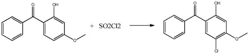 Reaction mechanism showing the chlorination of 2-hydroxy-4-methoxybenzophenone by sulfonyl chloride to form the target product