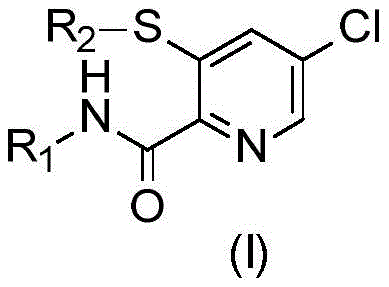 General chemical structure of Formula (I) showing the 5-chloro-3-alkylsulfanyl-pyridine-2-carboxamide core