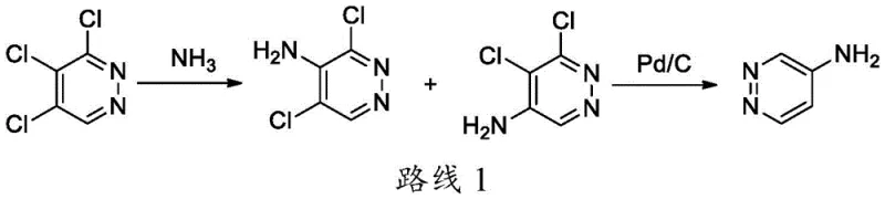 Prior art Route 1 showing ammoniation of trichloropyridazine leading to isomeric mixtures