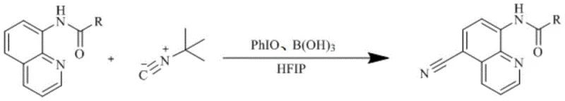 General reaction scheme for metal-free cyanation of 8-acylaminoquinoline using PhIO and tert-butyl isonitrile