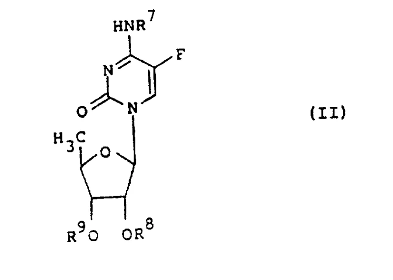 General Formula I showing the core structure of 5'-deoxy-5-fluorocytidine derivatives with variable R groups for physiological hydrolysis