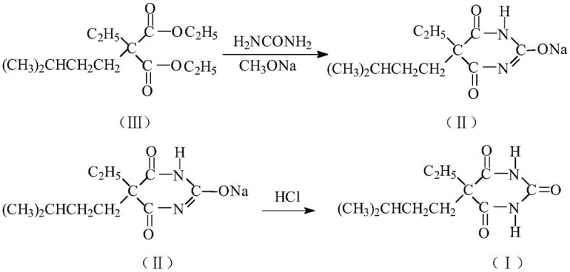 Reaction scheme showing the conversion of diethyl ethylisoamylmalonate to 5-ethyl-5-isoamylmalonyl urea via a sodium salt intermediate