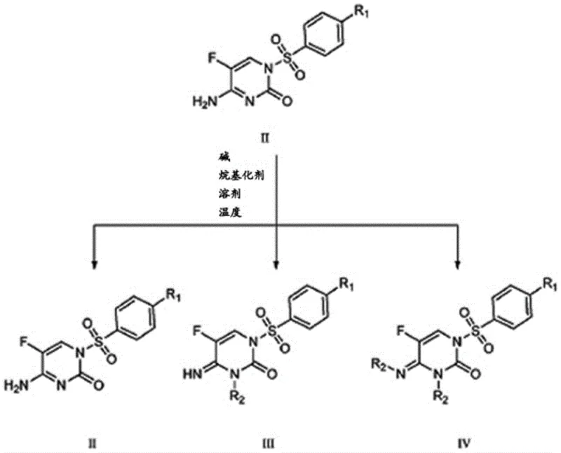 Reaction scheme showing the competition between mono-alkylation (Formula III) and dialkylation (Formula IV) products