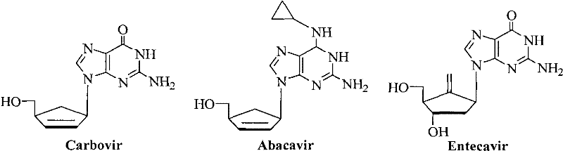 Structures of representative carbocyclic nucleoside drugs including Carbovir, Abacavir, and Entecavir