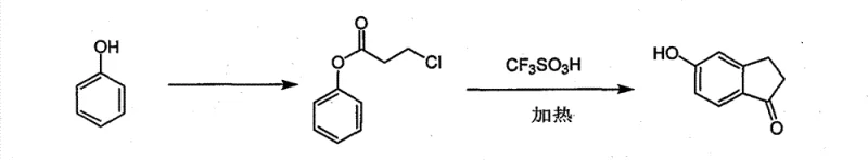 New synthetic route showing phenol esterification followed by TfOH catalyzed cyclization to 5-hydroxy-1-indanone