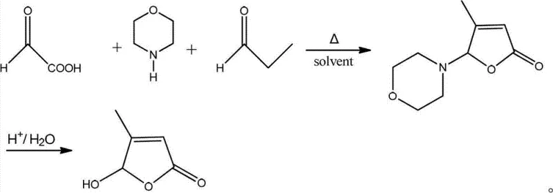 Reaction scheme showing the synthesis of 5-hydroxy-4-methyl-2(5H)-furanone from glyoxylic acid, morpholine, and propionaldehyde