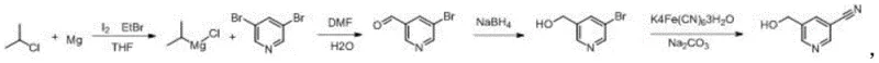 Complete synthetic route for 5-hydroxymethyl nicotinonitrile showing Grignard formation, formylation, reduction, and cyanation steps
