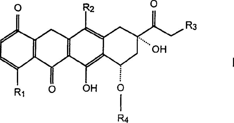 General structural formula of 5-imino-13-deoxy anthracycline derivatives showing variable R groups and sugar moieties