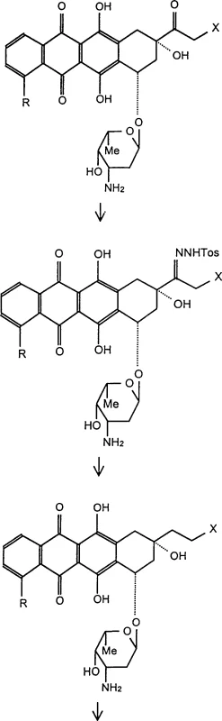 Reaction flow diagram illustrating the synthesis of 5-imino-13-deoxydoxorubicin from tosylhydrazone precursors