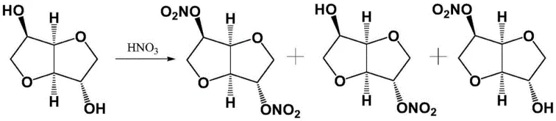 Conventional direct nitration route of isosorbide showing mixed products