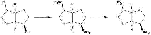 Reaction scheme showing selective reduction of isosorbide dinitrate to mononitrate