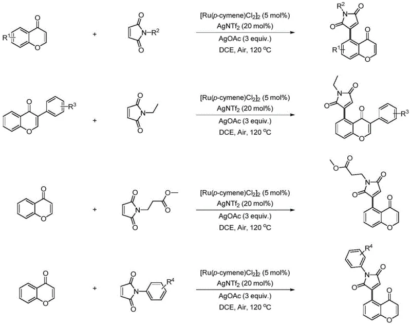 General reaction scheme for Ru-catalyzed synthesis of 5-maleimide chromones showing substrate scope