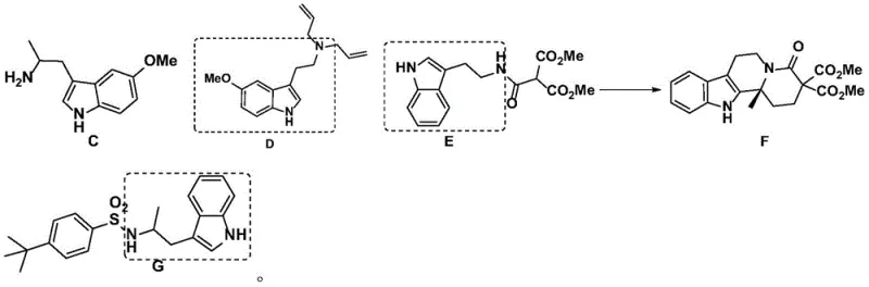 Structural relationships of 5-methoxy-2-methyltryptamine derivatives showing biological activity potential