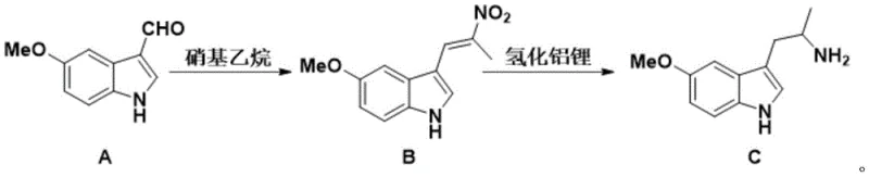 Reaction scheme showing the two-step synthesis from 5-methoxyindole-3-formaldehyde to 5-methoxy-2-methyltryptamine