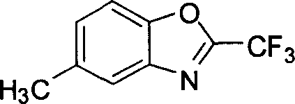 Chemical structure of 5-methyl-2-trifluoromethylbenzoxazole showing the benzoxazole core with methyl and trifluoromethyl substituents