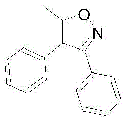 Chemical structure of 5-methyl-3,4-diphenyl isoxazole showing the core isoxazole ring with phenyl and methyl substituents