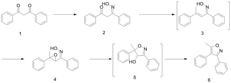Complete novel synthetic route from dibenzoyl methane to 5-methyl-3,4-diphenyl isoxazole via oximation and Lewis acid cyclization