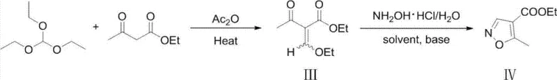 Two-step synthesis route showing condensation followed by pH-controlled cyclization to form ethyl five-methylisoxazole-four-carboxylate