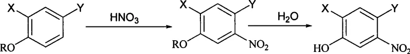 Reaction scheme showing nitration of protected phenol followed by hydrolysis to 5-nitro-2,4-dihalogenated phenol