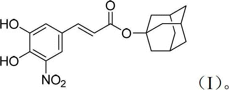 Chemical structure of 5-nitro caffeic acid adamantanol ester (Formula I) showing the nitro-substituted catechol moiety linked to an adamantyl ester group