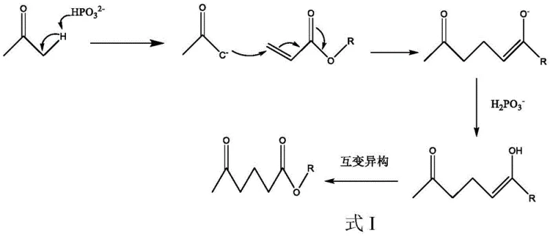 Reaction mechanism of 5-oxohexanoate synthesis via Michael addition showing enolate formation and proton transfer