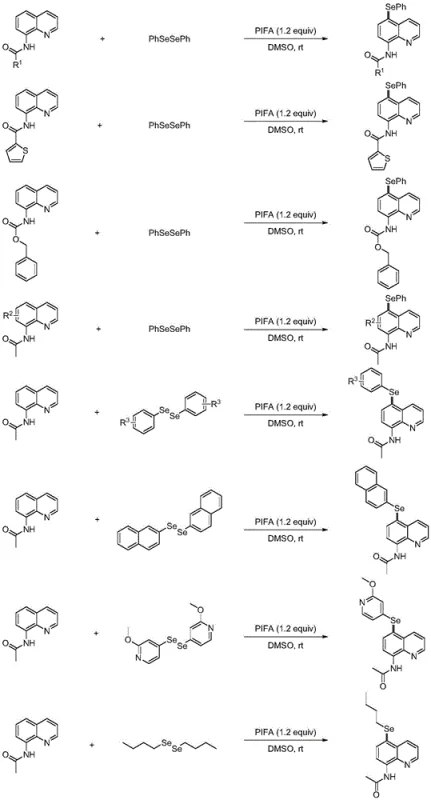 General reaction scheme for PIFA-mediated selenization of quinoline amides showing substrate scope and conditions