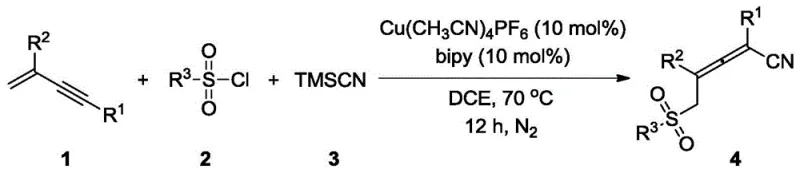 General reaction scheme showing the three-component coupling of enyne, sulfonyl chloride, and TMSCN catalyzed by Copper
