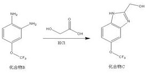 Cyclization of diamine B with glycolic acid to form benzimidazole alcohol C