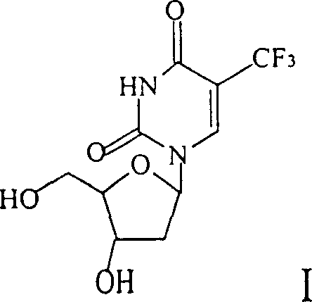 Chemical Structure of 5-Trifluoromethyl-2'-Deoxyuridine (Formula I) showing the trifluoromethyl group at the 5-position of the uracil ring