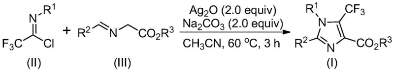 General reaction scheme for silver-promoted synthesis of 5-trifluoromethyl imidazoles from imidoyl chlorides and imidates