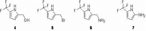 Chemical structures of downstream derivatives 4, 5, 6, and 7 synthesized from the core intermediate