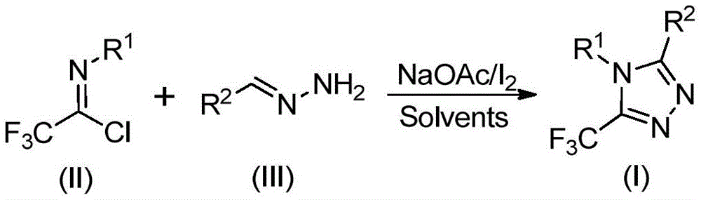 Alternative reaction scheme showing NaOAc/I₂ catalytic system in various solvents for triazole synthesis