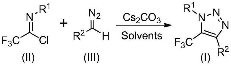General reaction scheme showing base-promoted synthesis of 5-trifluoromethyl substituted 1,2,3-triazole from trifluoroethylimidoyl chloride and diazo compounds using cesium carbonate in organic solvents