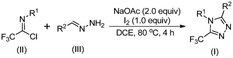 General reaction scheme showing iodine-catalyzed cyclization of trifluoroethyl imidoyl chloride (II) and hydrazone (III) to form 5-trifluoromethyl-substituted 1,2,4-triazole compounds (I) using NaOAc/I₂ in DCE at 80°C