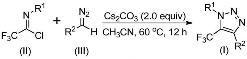 General reaction scheme for the synthesis of 5-trifluoromethyl-1,2,3-triazoles using imidoyl chlorides and diazo compounds