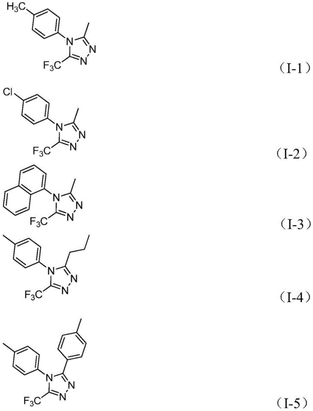 Specific examples of synthesized 5-trifluoromethyl-1,2,4-triazole derivatives I-1 to I-5 demonstrating substrate scope