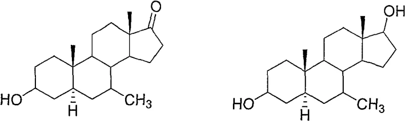 Chemical structures of 5α-androst-7-methyl-3-hydroxy-17-one and 5α-androst-7-methyl-3,17-diol showing the key functional group differences