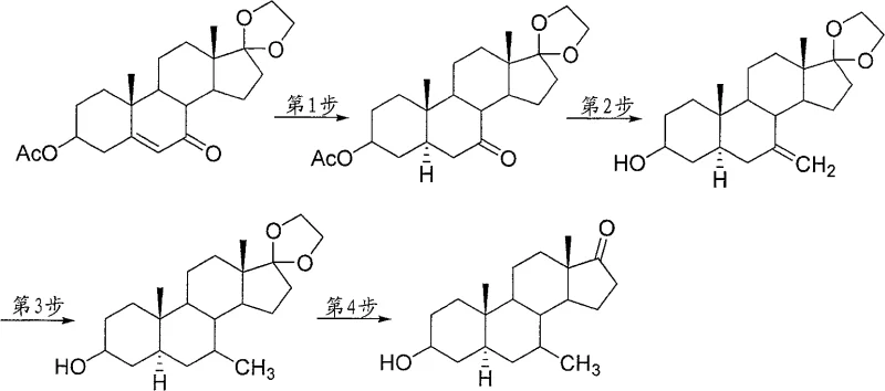 Four-step synthesis route showing catalytic hydrogenation, Wittig reaction, reduction, and deprotection to form the 7-methyl ketone