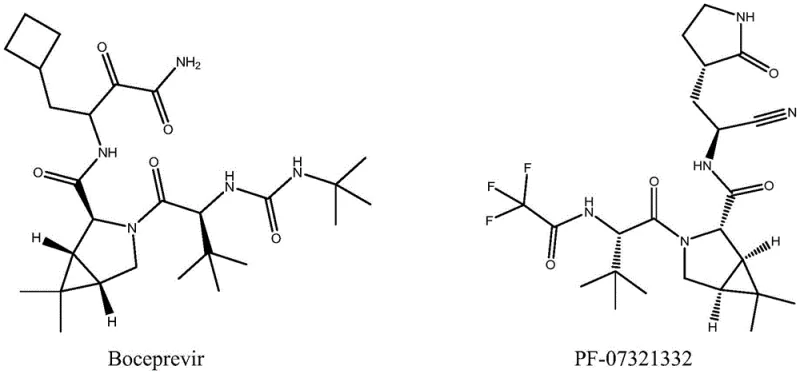 Chemical structures of Boceprevir and PF-07321332 containing the 6,6-dimethyl-3-azabicyclo[3.1.0]hexane core