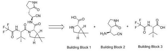 Retrosynthetic analysis of Nirmatrelvir highlighting Building Block 1