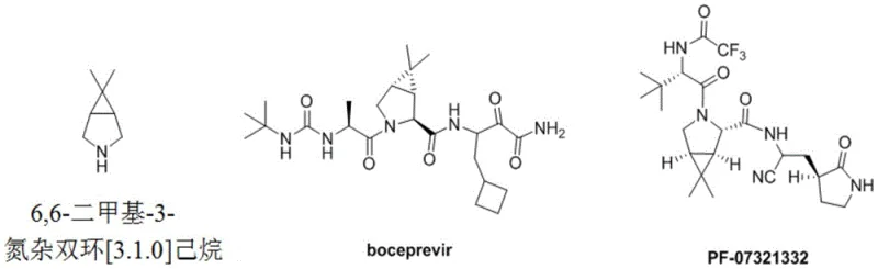 Chemical structures of Boceprevir and PF-07321332 highlighting the 6,6-dimethyl-3-azabicyclo[3.1.0]hexane core
