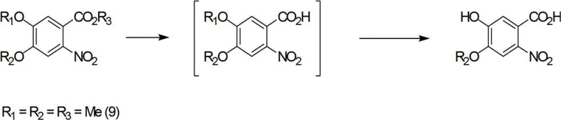 Reaction scheme showing hydrolysis-demethylation-esterification mechanism